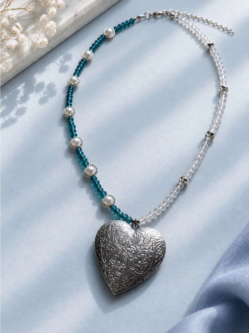 Silver Heart Pendant Necklace with Teal and Clear Beads - Women Jewelry